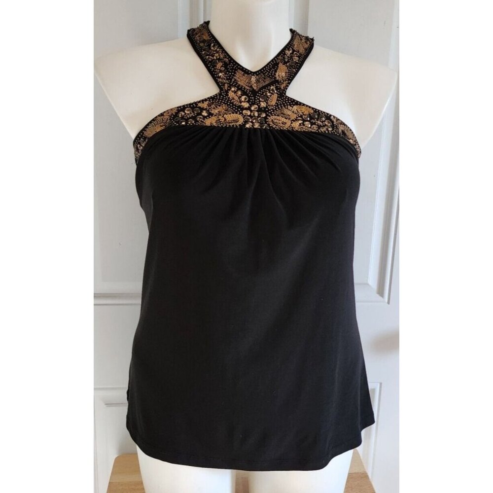 Vintage Cache Y2K Women's Sleeveless High Neck Gold Embellished Stretch Top Sz S